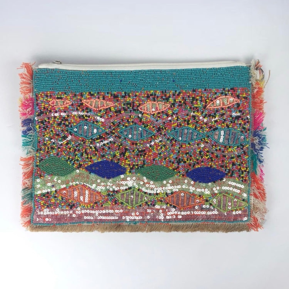 145 Tommy’s Jolly Peyote Bird Hand Beaded Colorful Fringe Clutch Bag - Picture 7 of 9